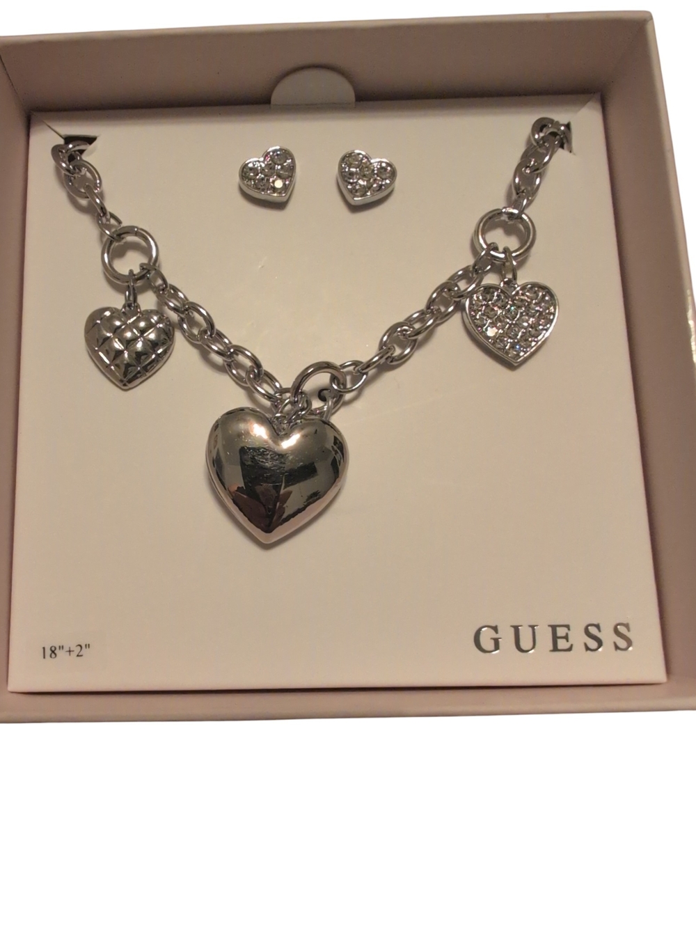 GUESS Silver Heart Charm Necklace with Matching Heart Studs